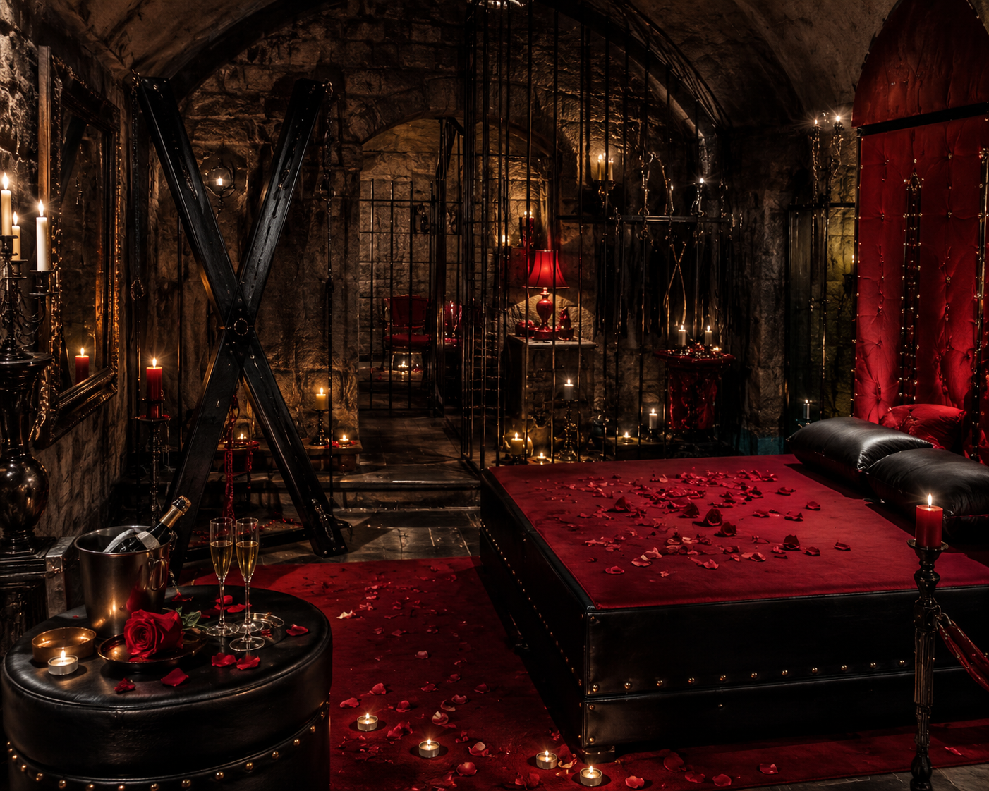 Seconde chambre gothique éclairée par des bougies avec fauteuil noir et draperies rouges